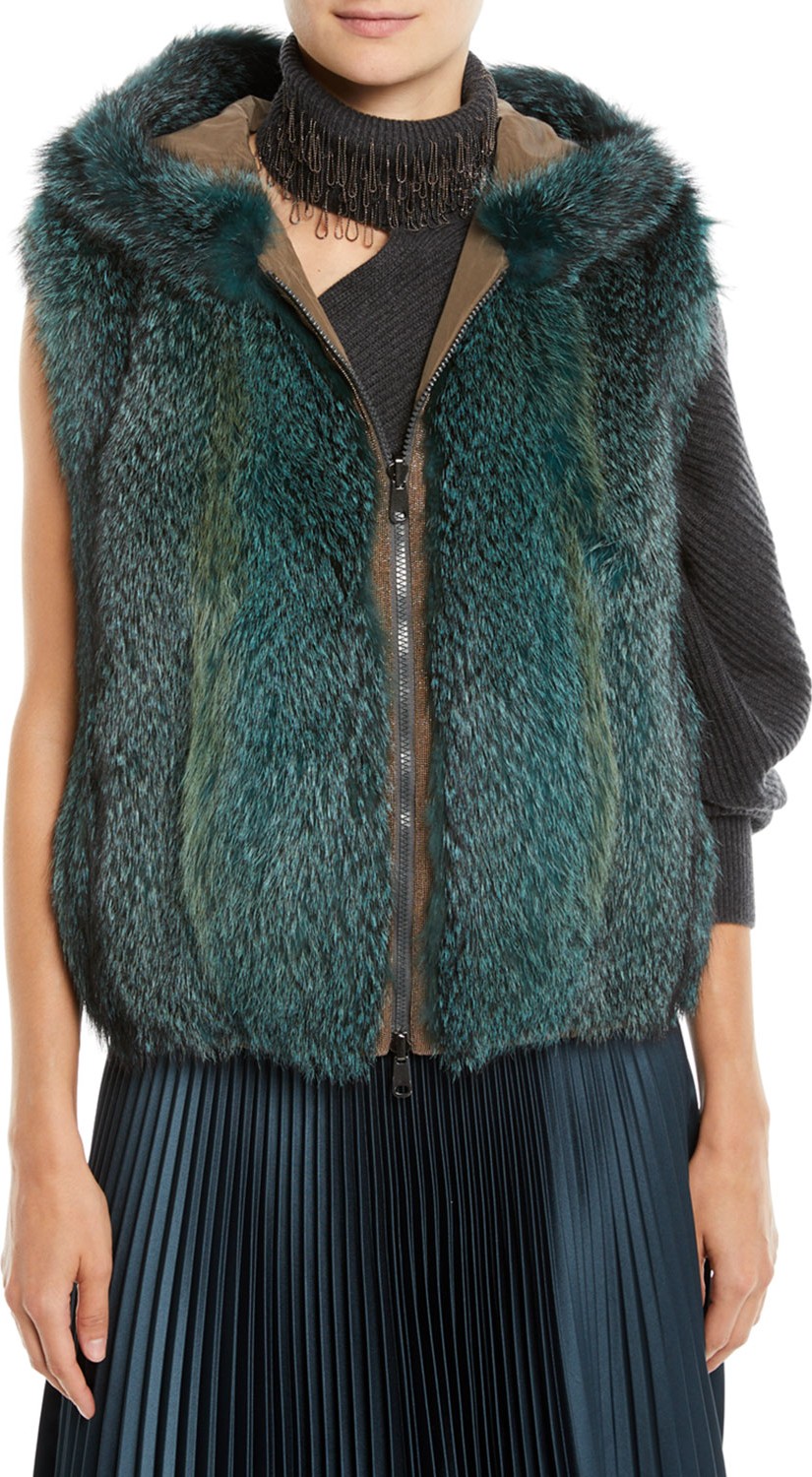 Brunello Cucinelli Zip-Front Fox-Fur Reverses to Taffeta Vest w/ Hood