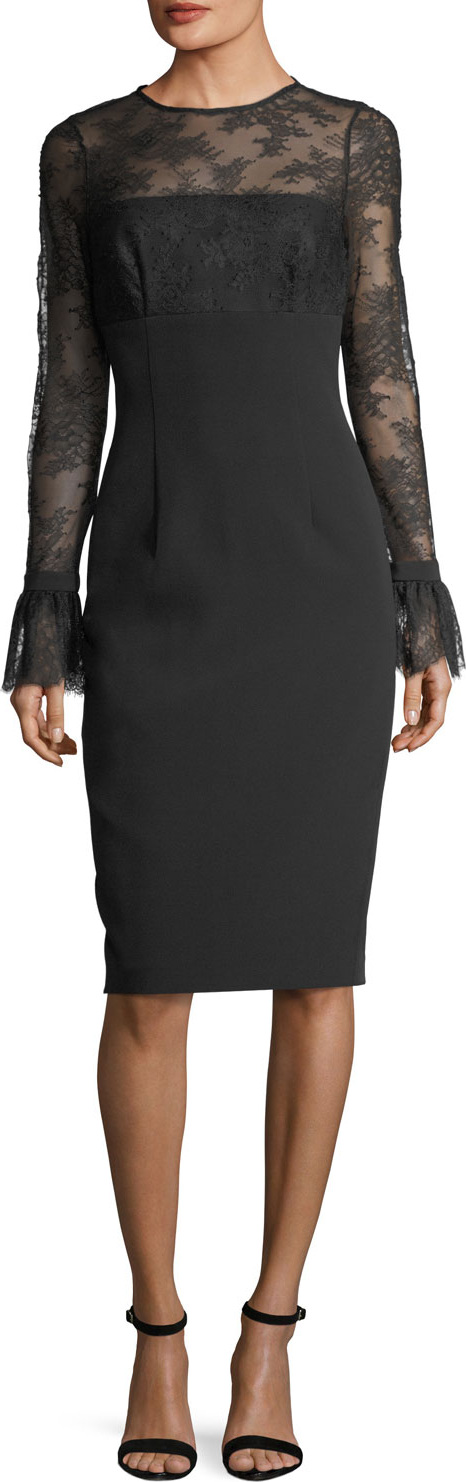 David Meister Trumpet-Sleeve Tattoo Lace Sheath Cocktail Dress