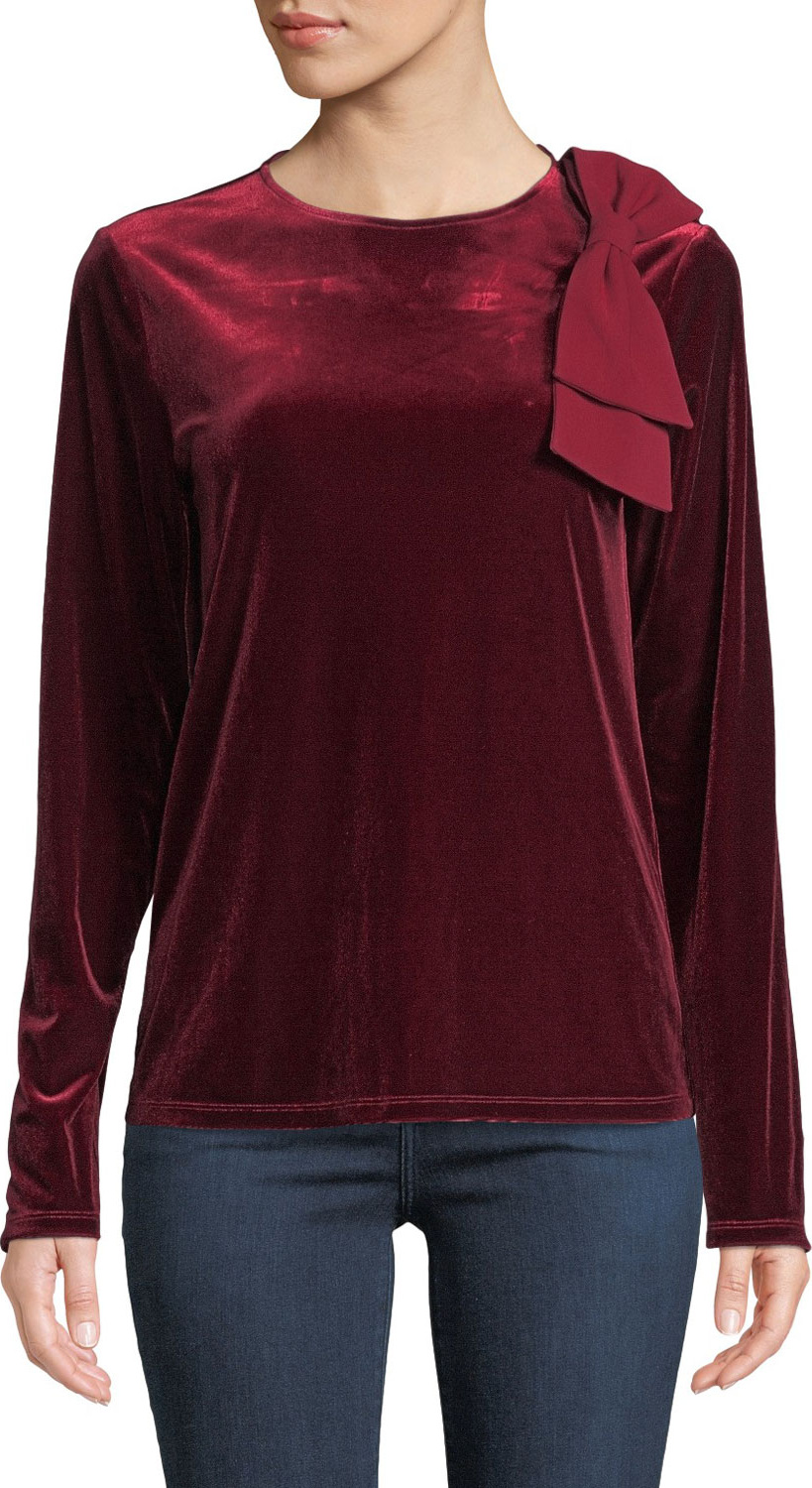 Badgley Mischka Velvet Long-Sleeve Bow Top