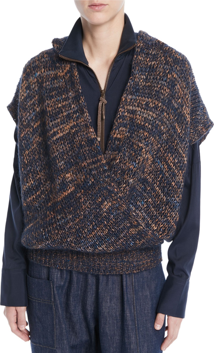 Brunello Cucinelli Hooded Short-Sleeve Mohair-Blend Crossover Top