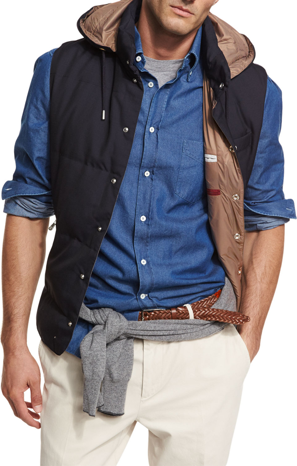 Brunello Cucinelli Microfiber Snap Vest, Navy