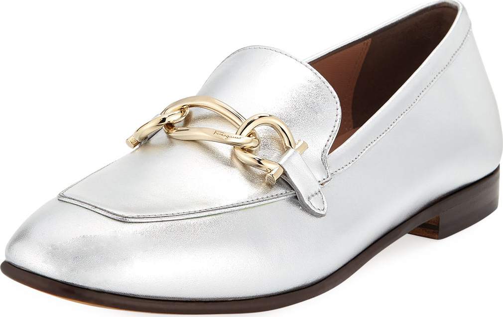 Salvatore Ferragamo Metallic Leather Chain Bit Slip-On Loafers