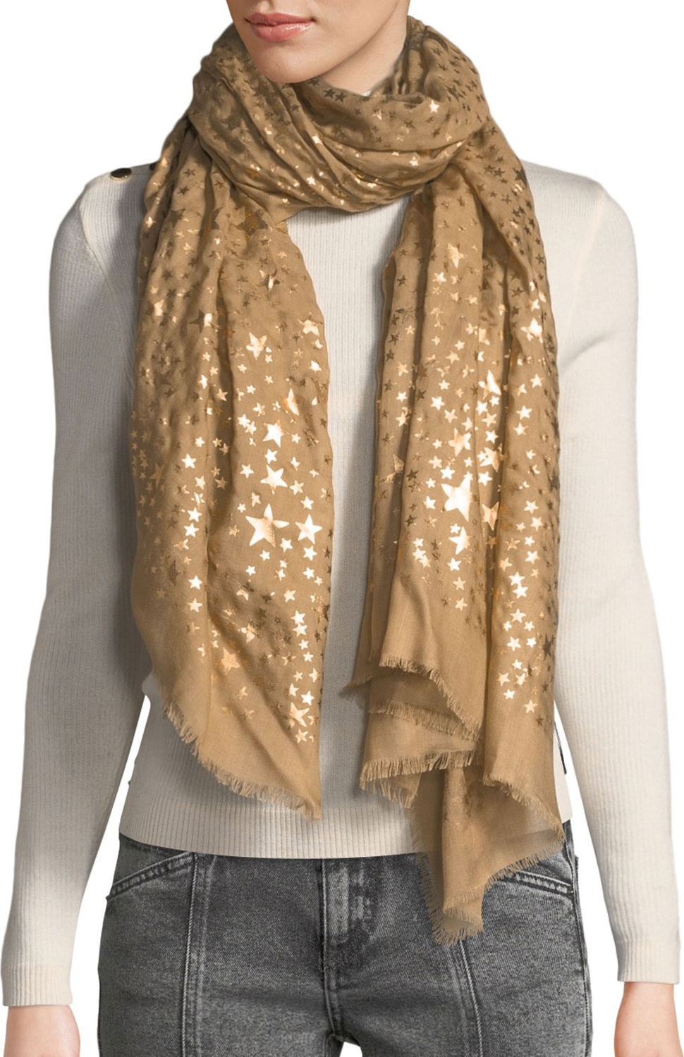 Stella McCartney Glitter Star Print Fringe Silk Scarf