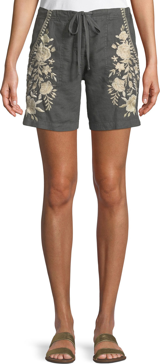 Johnny Was Briar Embroidered Linen Shorts, Plus Size
