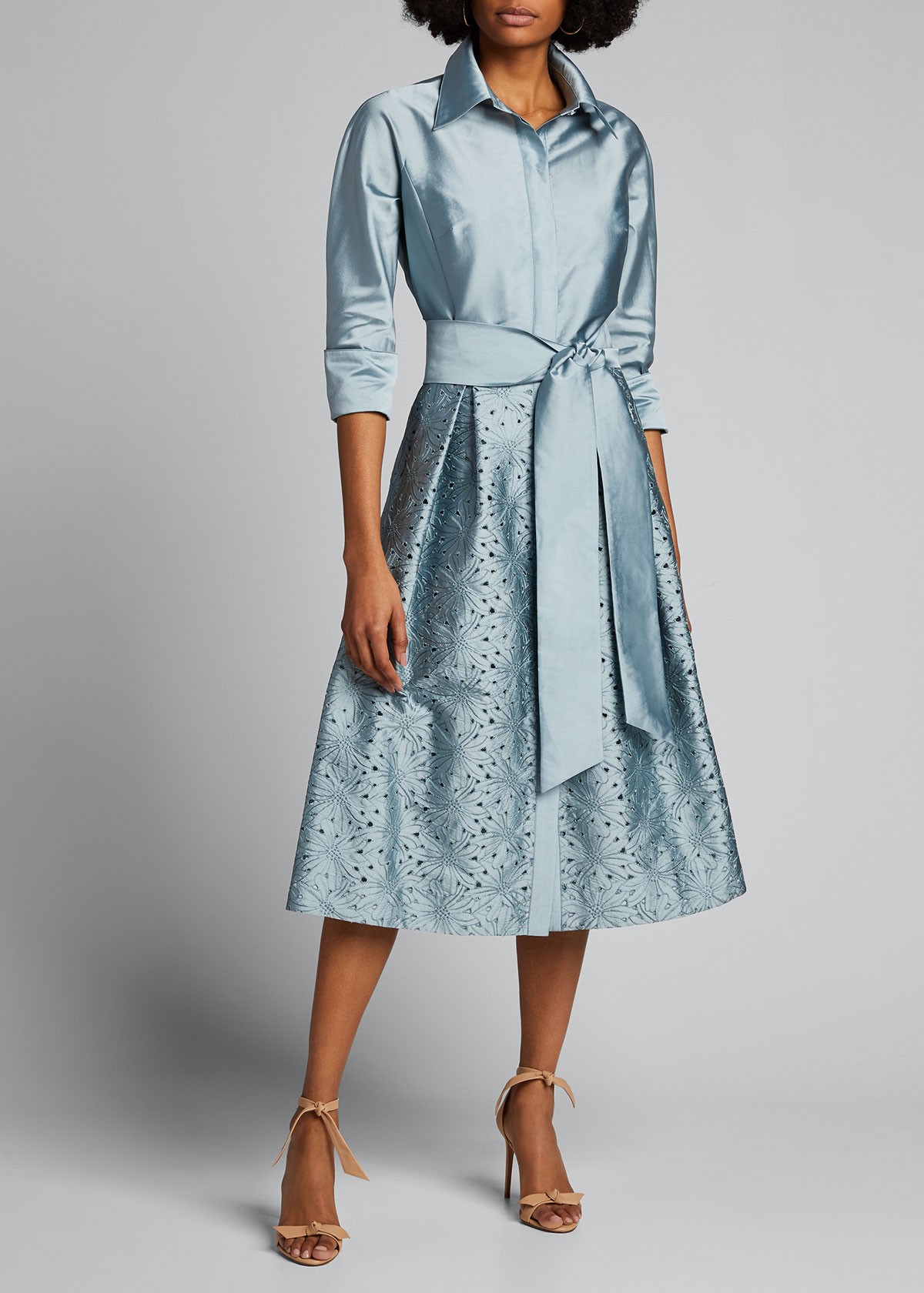 Rickie Freeman for Teri Jon Taffeta Shirt Dress w/ Eyelet Skirt