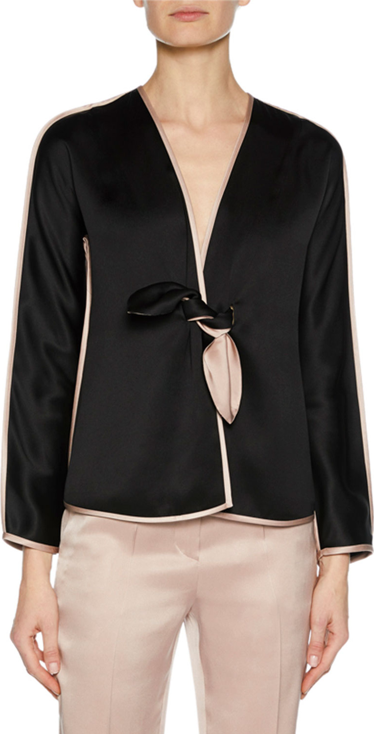 Giorgio Armani Prive Long-Sleeve Tie-Front Silk Satin Jacket with Tie-Waist
