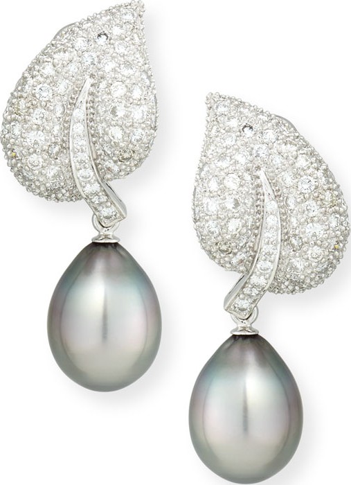 Assael 18K Tahitian Pearl & Diamond Leaf Drop Clip Earrings