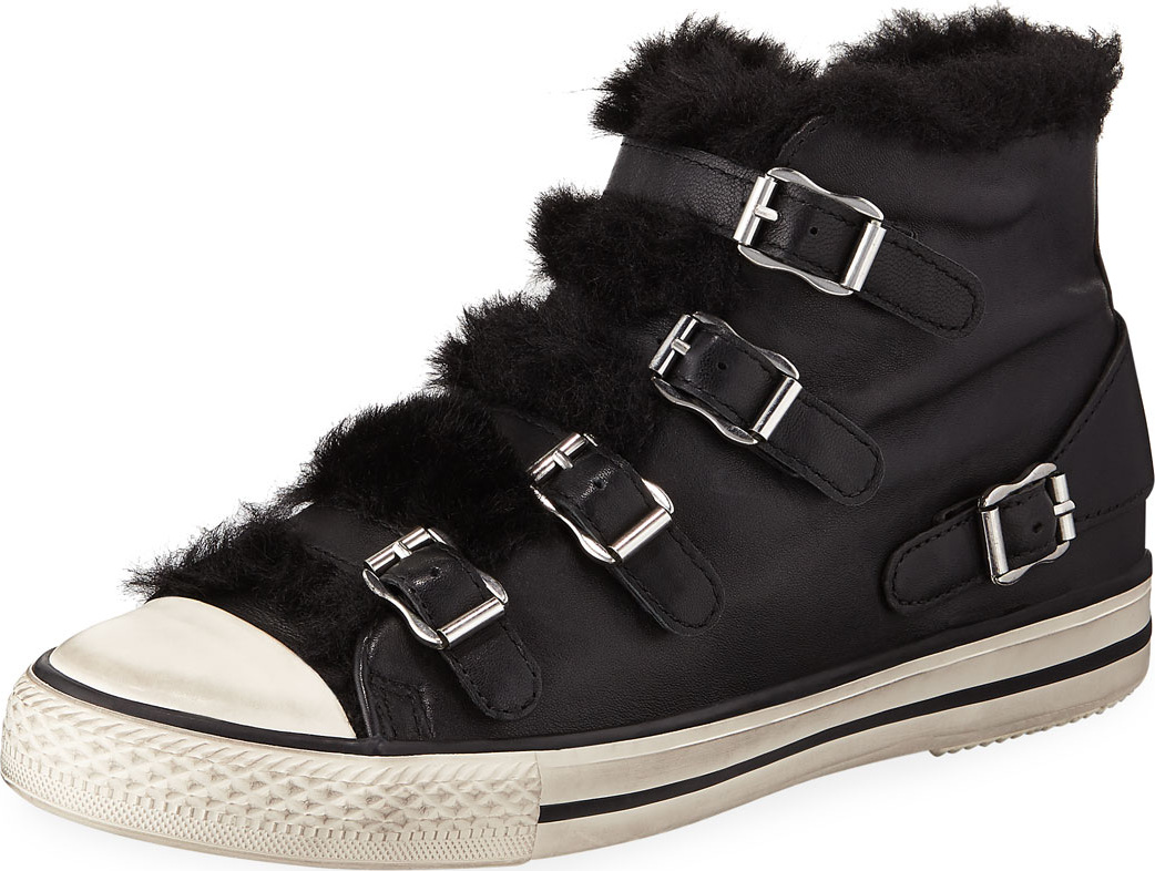 ASH Valko Leather High-Top Sneaker with Faux Fur