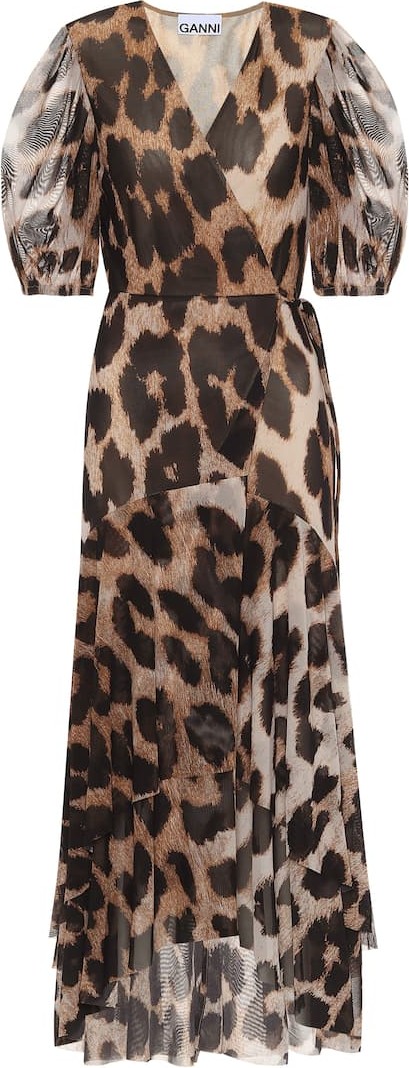 Ganni Printed mesh wrap dress