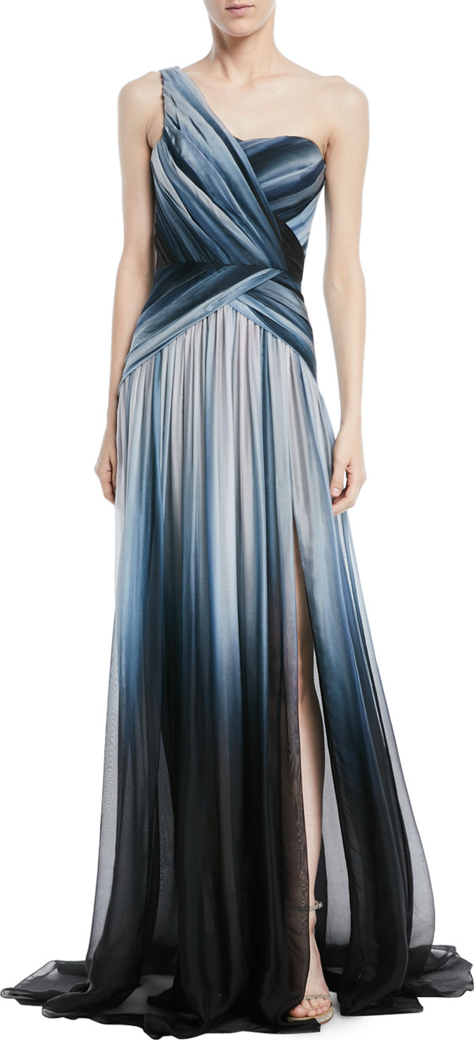 Pamella Roland One-Shoulder Ombre-Printed Chiffon Evening Gown