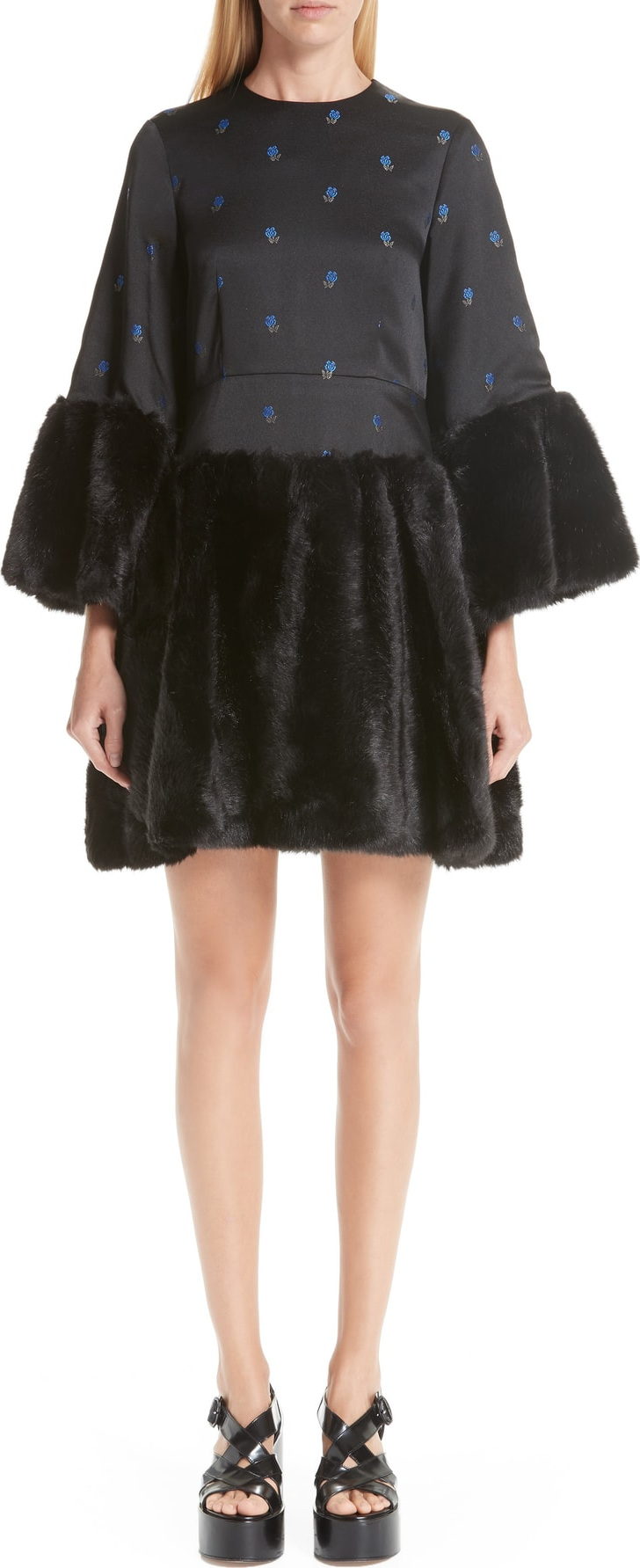 Noir Kei Ninomiya Floral Dress with Faux Fur Trim