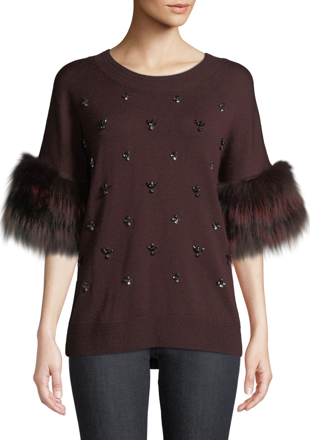 KOBI HALPERIN Denise Fur-Trim Half-Sleeve Sweater