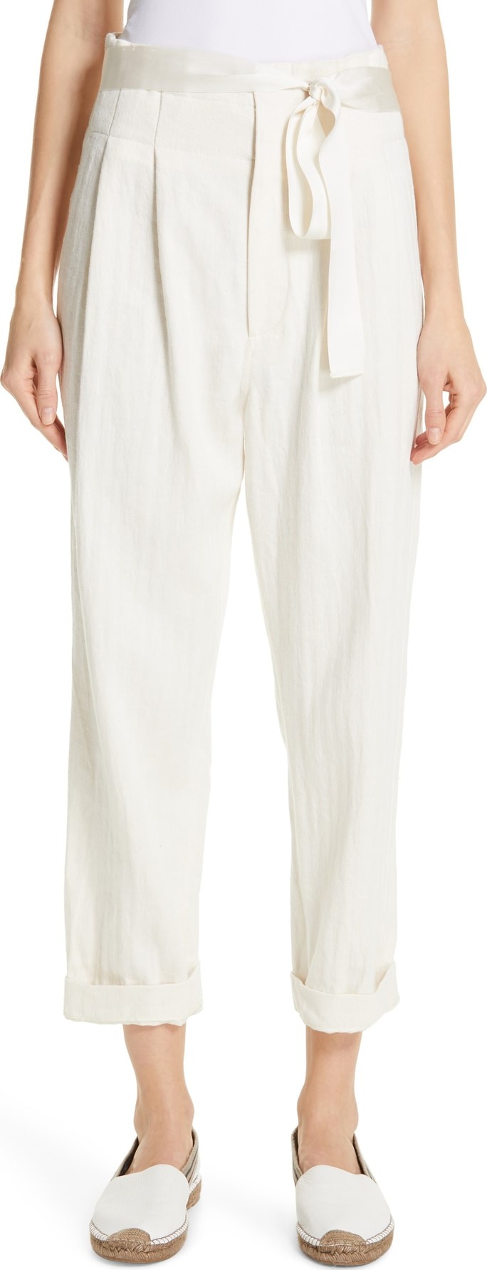 Brunello Cucinelli Paperbag Waist Chevron Weave Cotton & Linen Pants