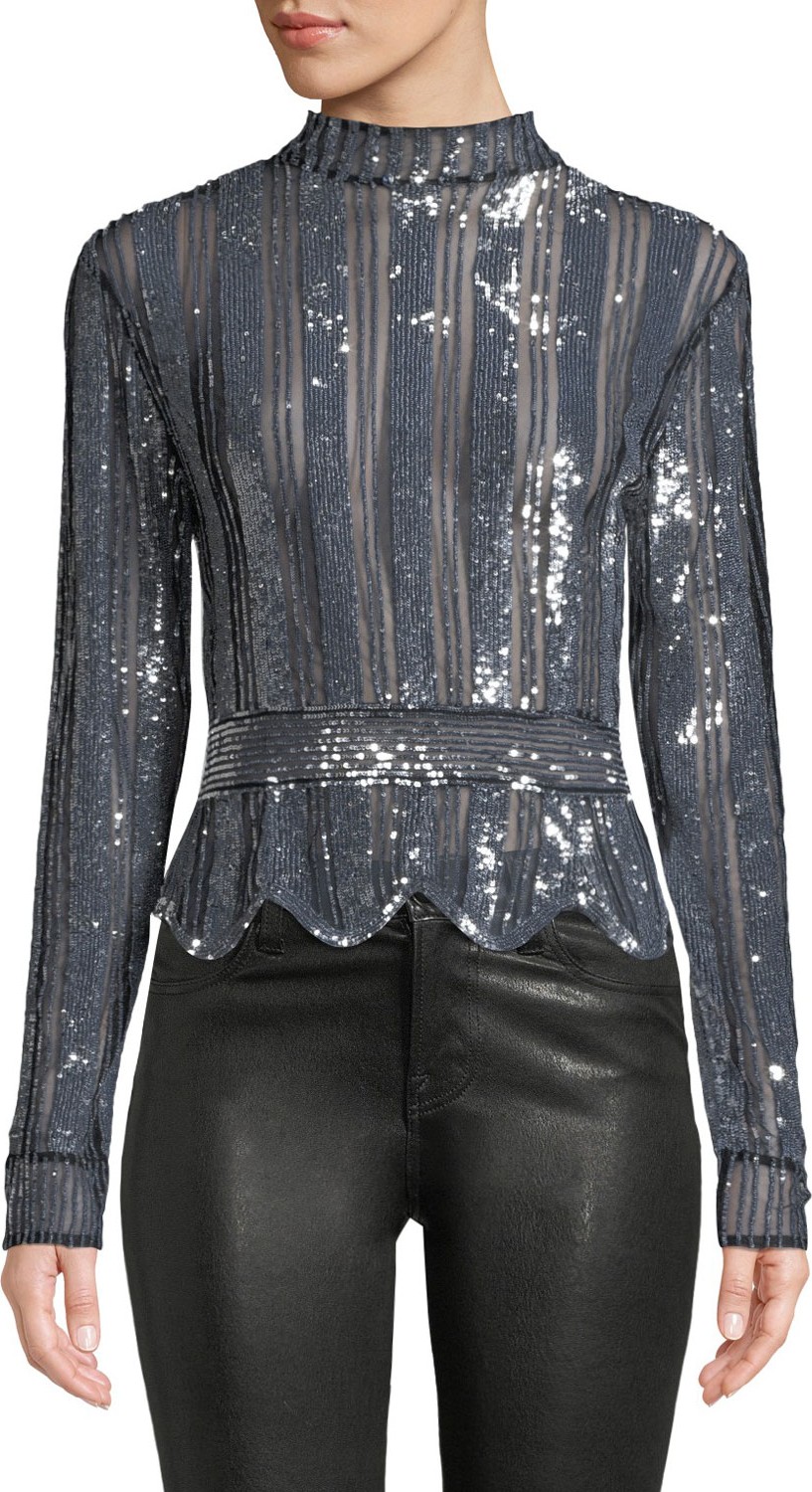 Derek Lam 10 Crosby Sequin Mock-Neck Scalloped Long-Sleeve Blouse