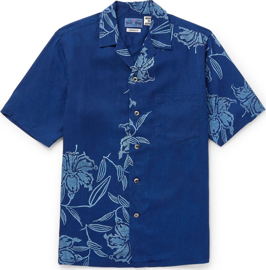 Blue Blue Japan Camp-Collar Printed Lyocell Chambray Shirt