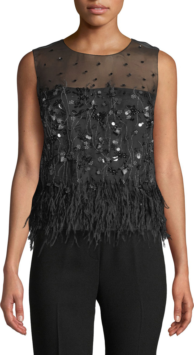 Elie Tahari Joselyn Feather-Trim Blouse