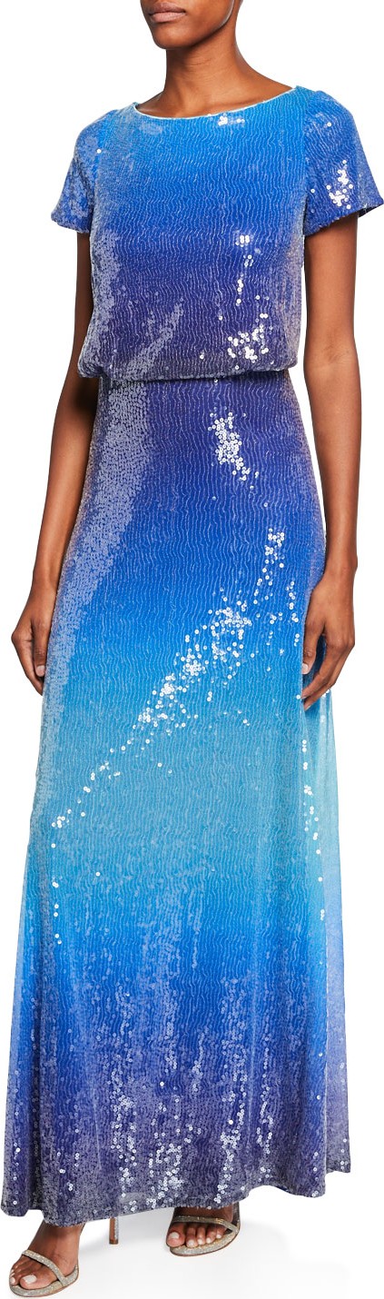 Tadashi Shoji Ombre Sequin Boat-Neck Short-Sleeve Gown