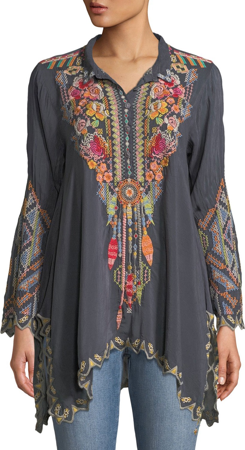 Johnny Was Festival Long-Sleeve Embroidered Georgette Tunic