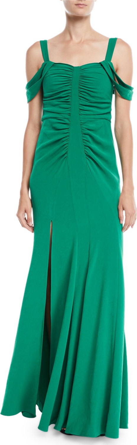 HALSTON HERITAGE Cold-Shoulder Ruched Gown