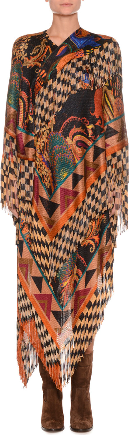 Etro Mixed-Print Long Dress w/ Fringe Hem