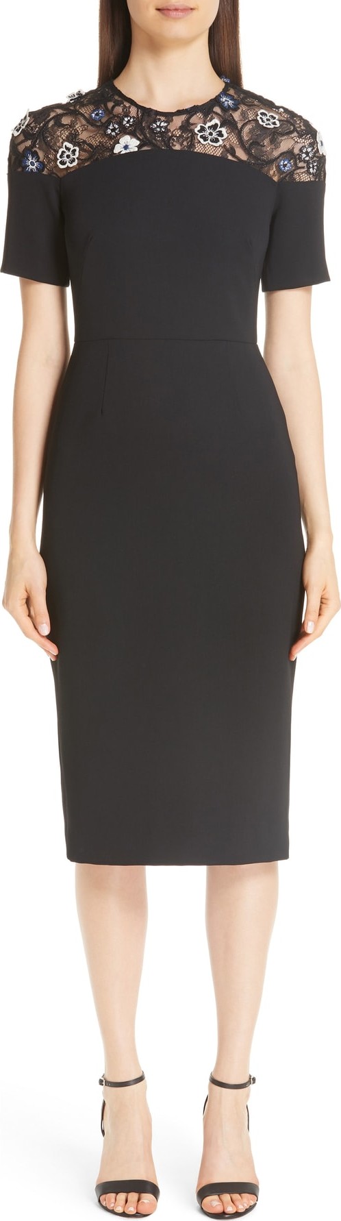 Lela Rose 3D Floral Lace Yoke Sheath Dress