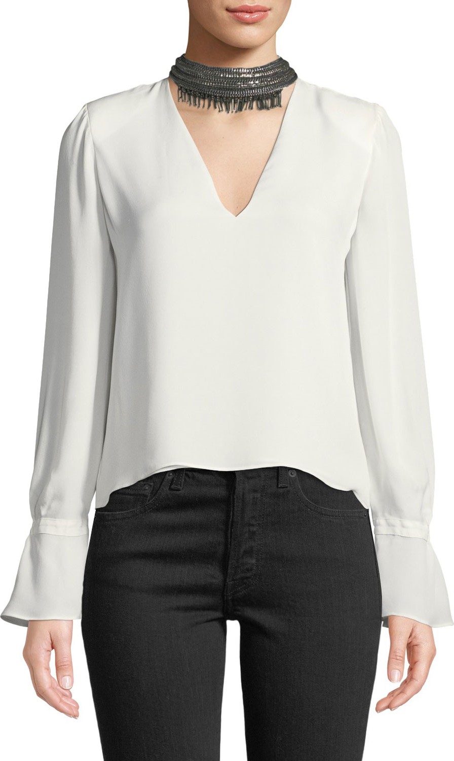 Ramy Brook Annete Embellished Silk Bell-Sleeve Top