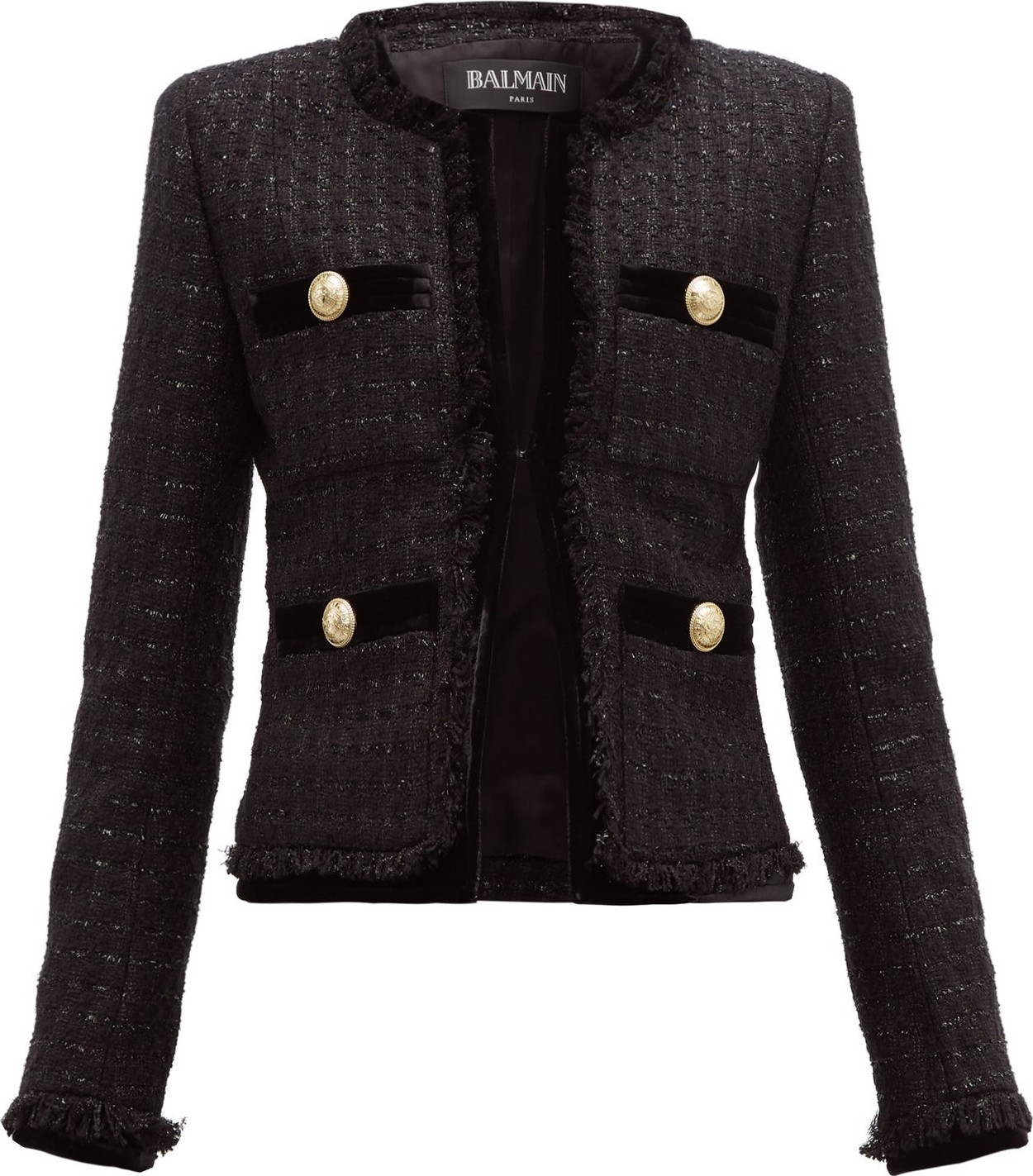 Balmain Velvet-trim metallic-tweed jacket
