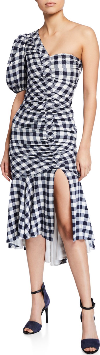 Jonathan Simkhai Lux Twill One-Shoulder Gingham Dress