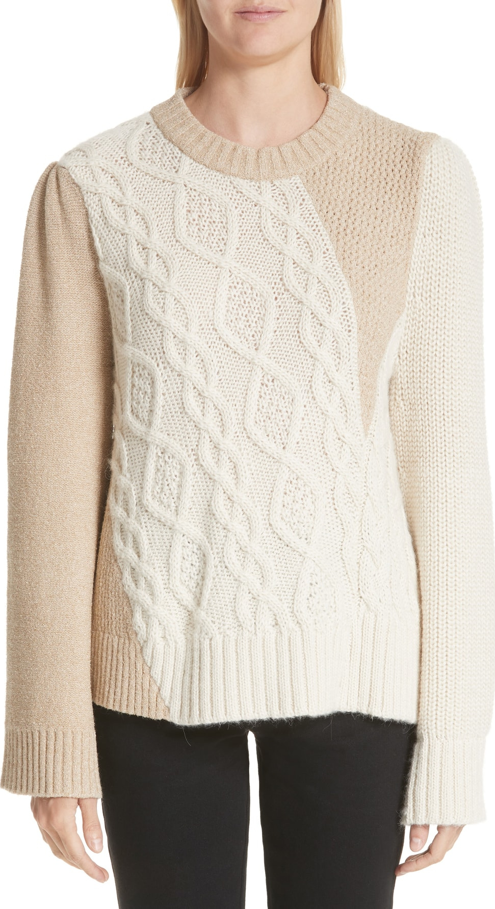 Co Patchwork Cable Knit Sweater