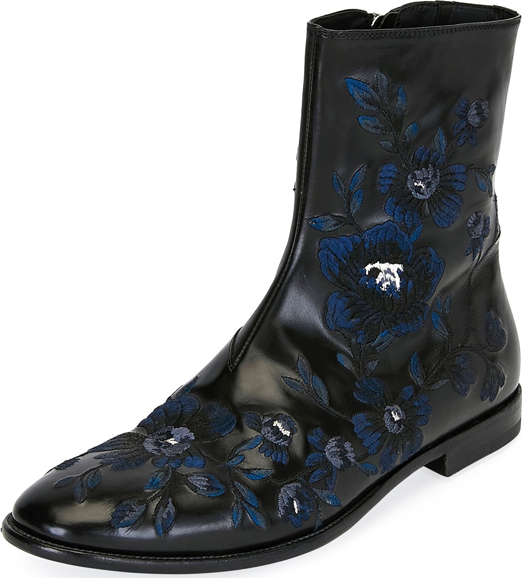 Alexander McQueen Men's Embroidered Leather Half-Boot