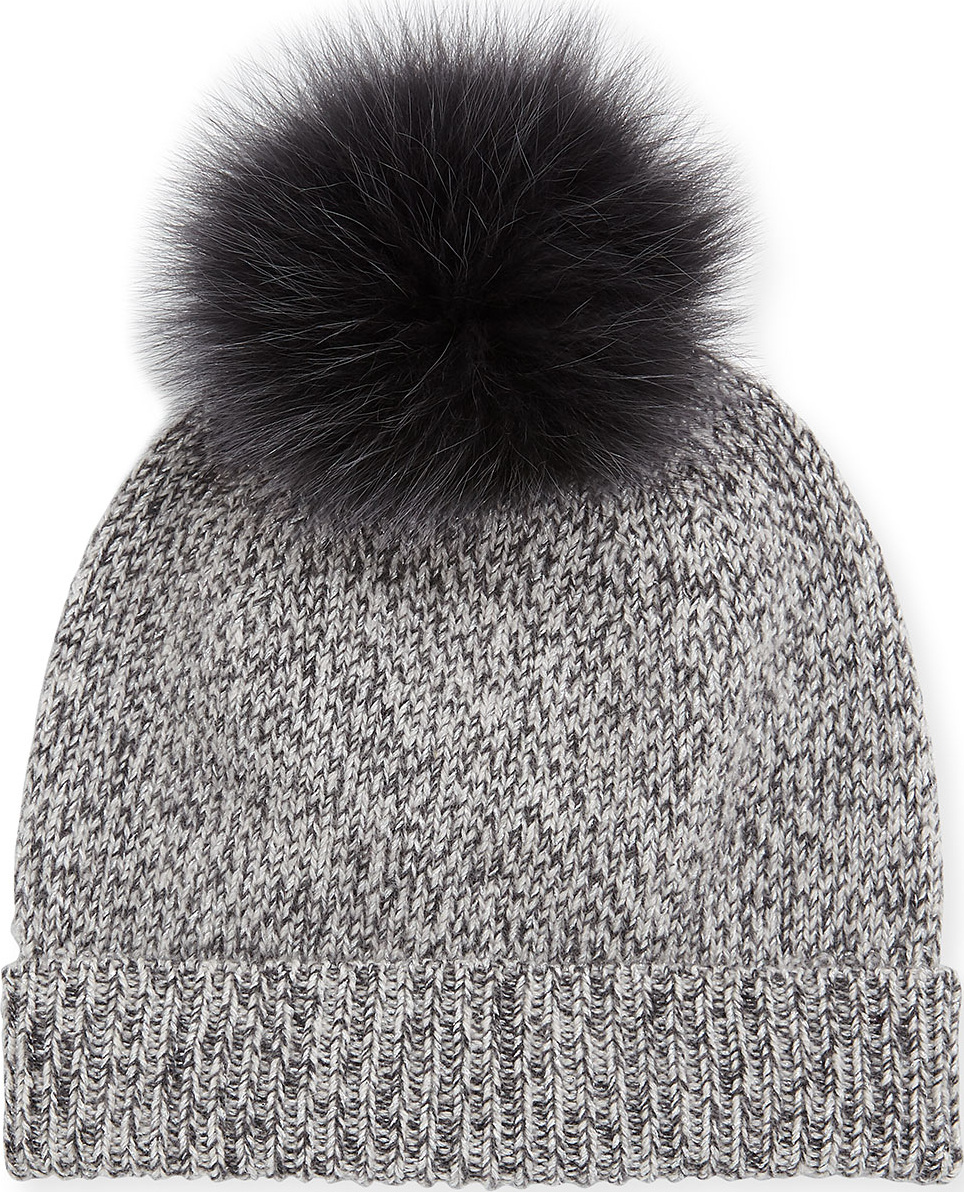 Sofia Cashmere Marbled-Knit Beanie Hat w/ Fur Pompom