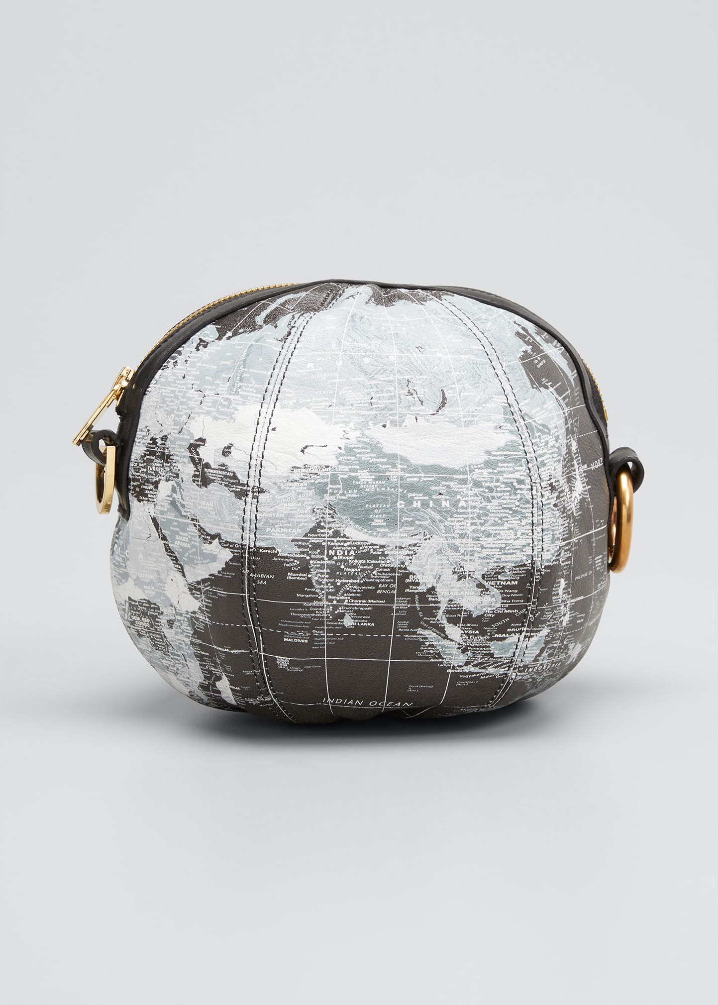 Sacai Globe Printed-Leather Round Zip Clutch