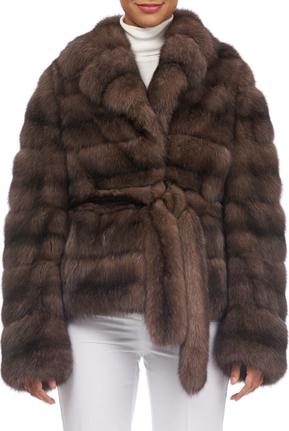 Tsoukas Notched-Collar Belted Sable Fur Jacket
