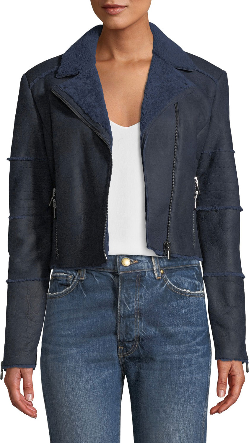 J BRAND Aiah Cropped Leather Shearling Moto Jacket