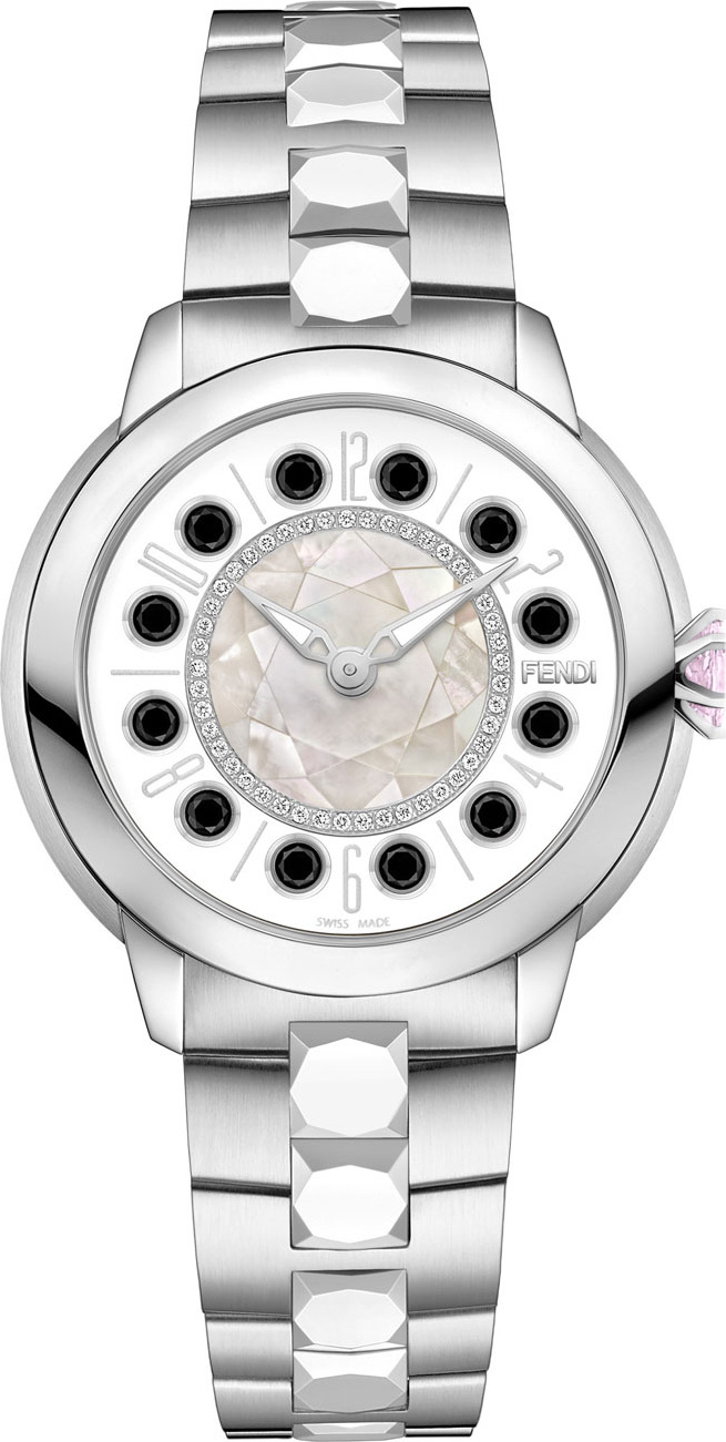 Fendi 38mm IShine Stainless Steel Bracelet Watch w/Pink Topaz, Black Spinel & Diamonds
