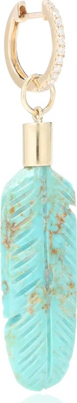 Jacquie Aiche 14kt yellow gold single feather earring with turquoise and diamonds
