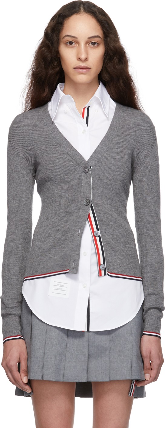Thom Browne Grey Rib Stitch Tipping Stripe Cardigan