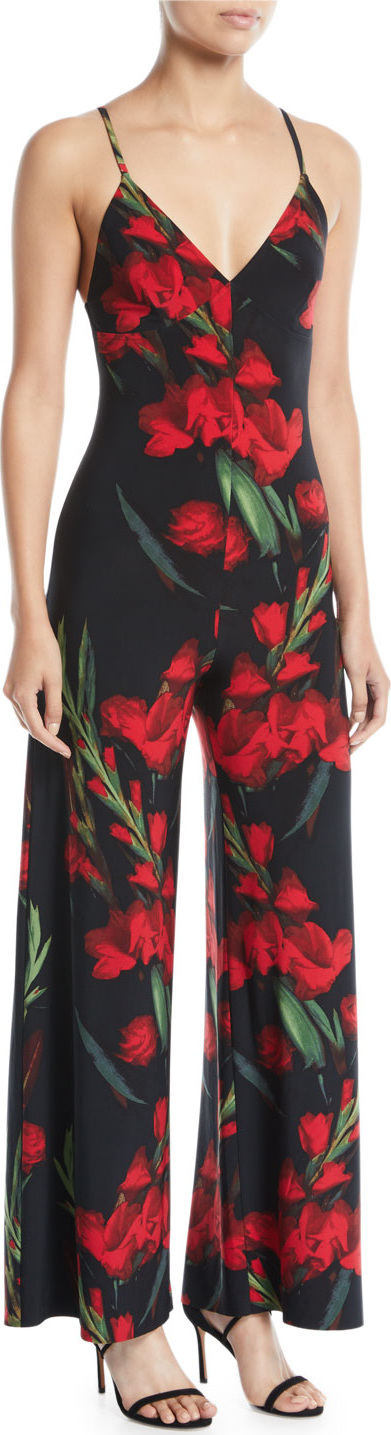 Norma Kamali V-Neck Sleeveless Rose-Print Wide-Leg Slip Jumpsuit
