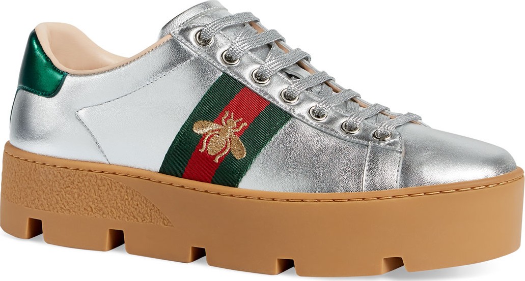 Gucci New Ace Metallic Leather Bee Thick-Sole Sneakers