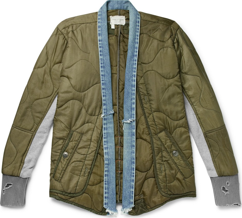 Greg Lauren Distressed Denim and Jersey-Panellled Quilted Ripstop Jacket