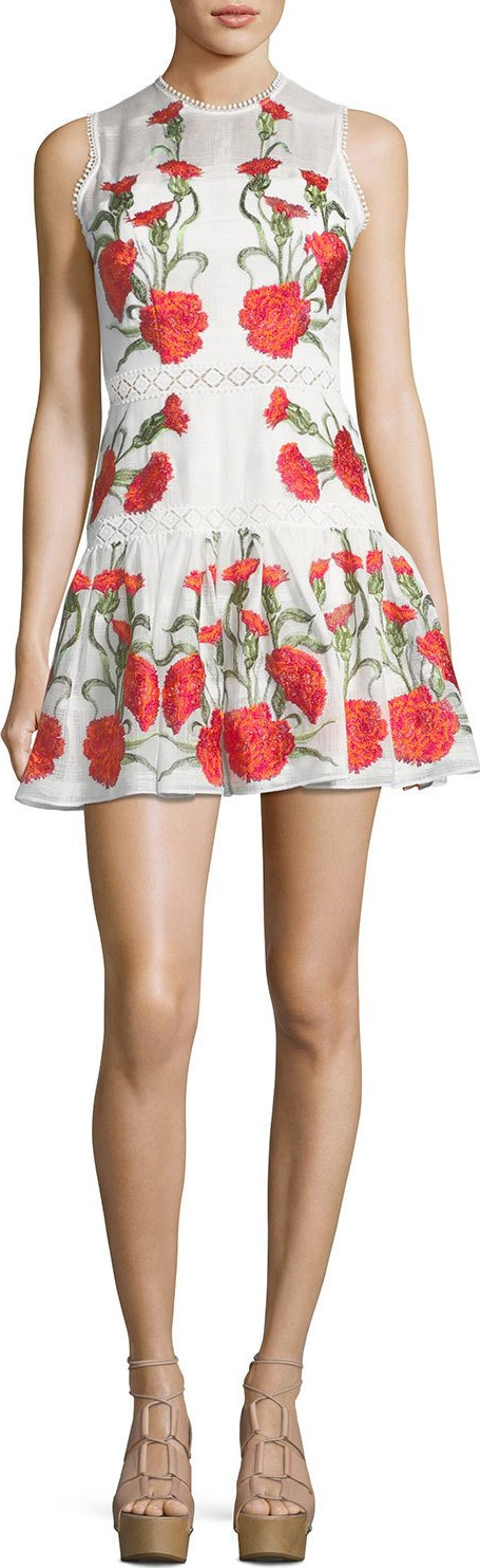 Alexis Sabella Sleeveless Floral-Embroidered Fit-and-Flare Linen Dress