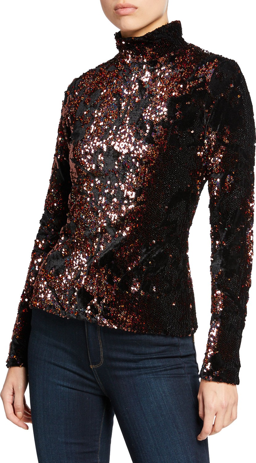 MILLY Velvet Sequin Long-Sleeve Turtleneck Top