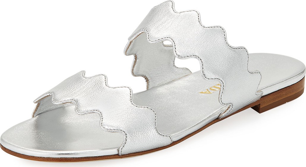 Prada Scalloped Metallic Flat Two-Band Slide Sandal
