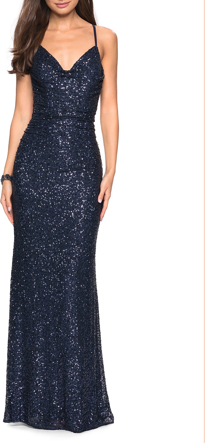 La Femme Sleeveless Ruched Sequin Gown with Open Strappy-Back