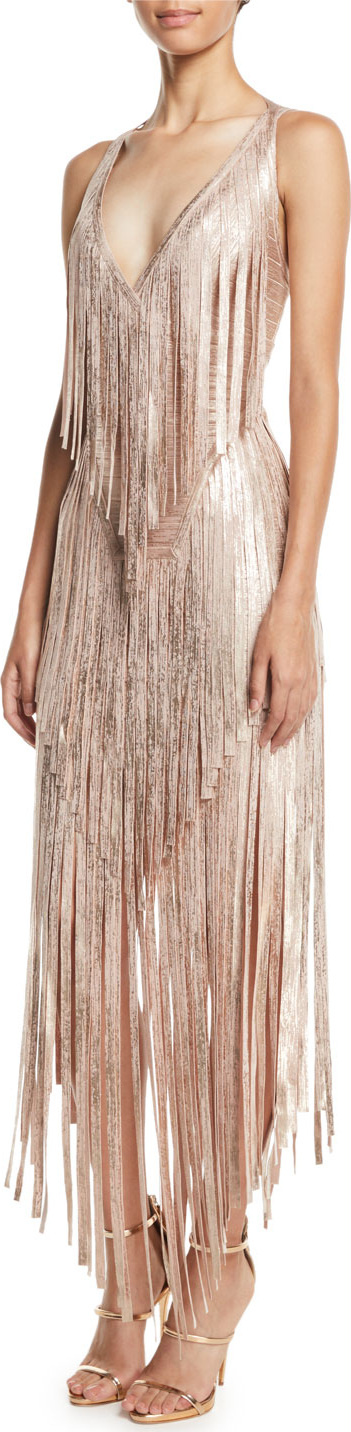 Herve Leger V-Neck Sleeveless Foil Fringe Midi Cocktail Dress