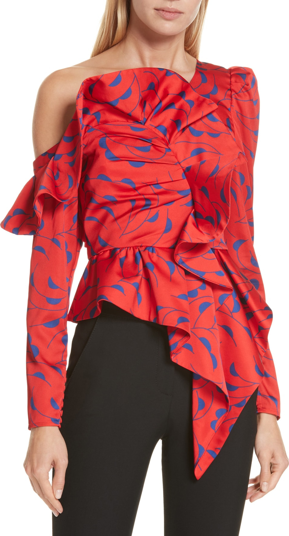Self Portrait Azalea Print Ruffle Detail One-Shoulder Top