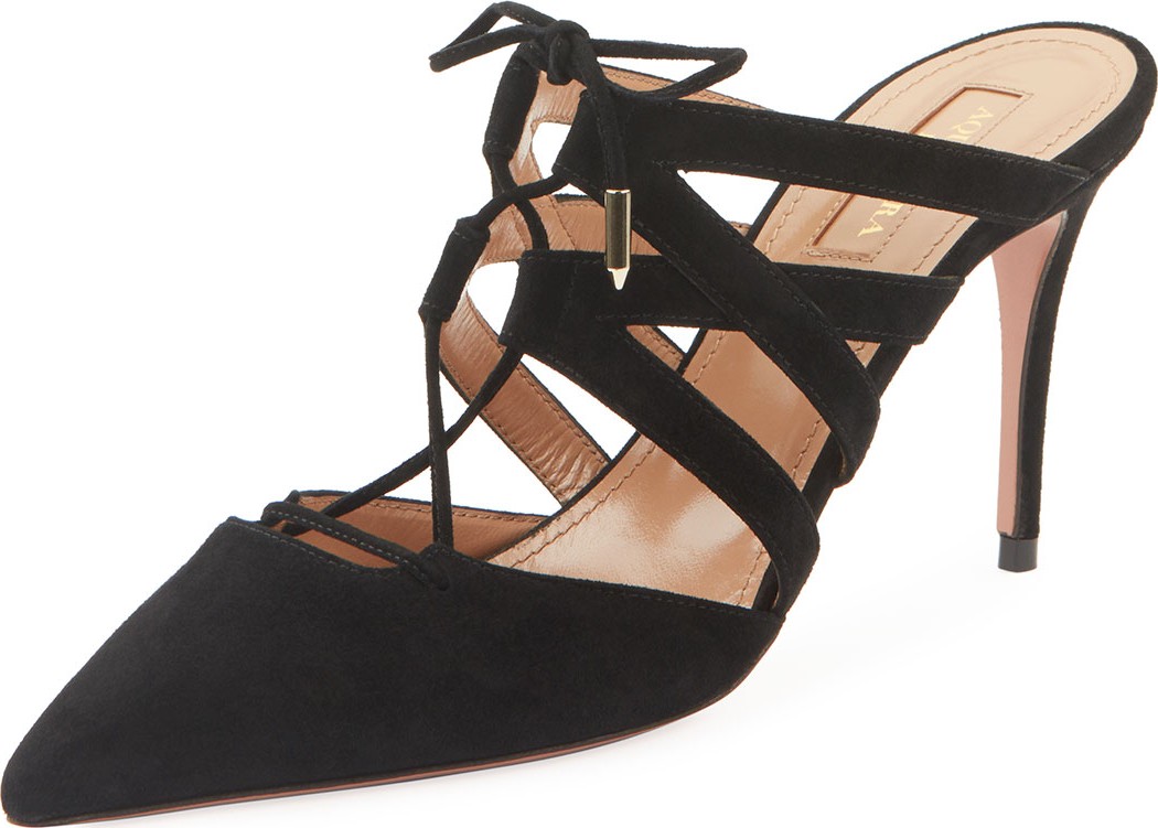 Aquazzura Belgravia Mid-Heel Suede Lace-Up Mules