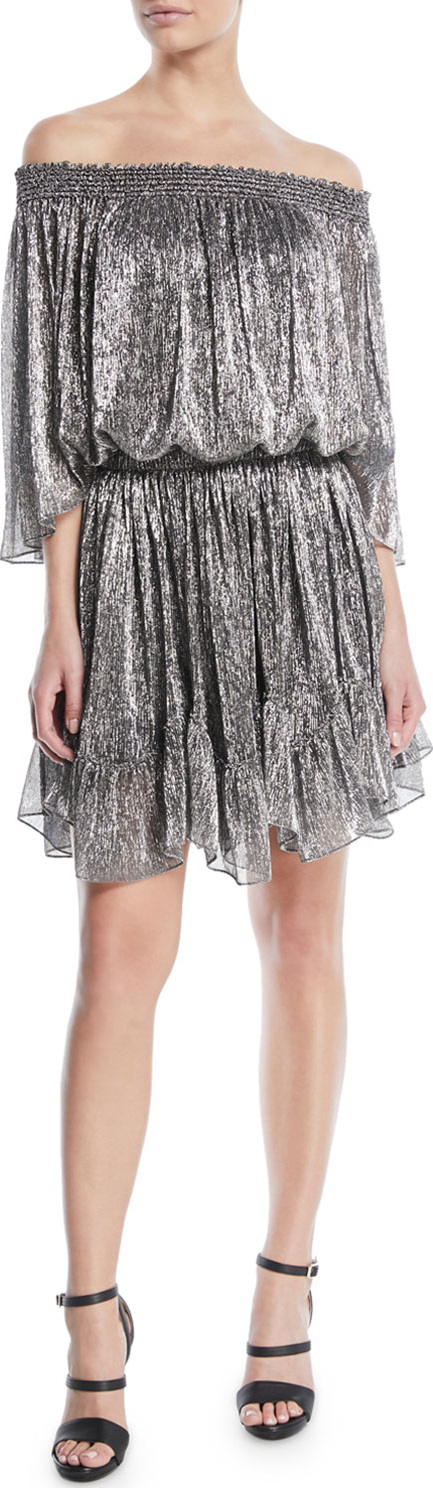 HALSTON HERITAGE Metallic Off-the-Shoulder Mini Dress