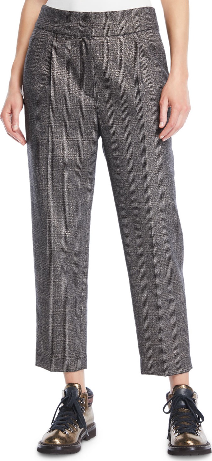 Brunello Cucinelli Metallic-Plaid Tapered Pants