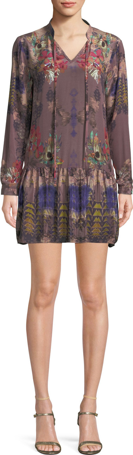 Tolani Rory V-Neck Mixed-Print Flounce-Hem Floral-Print Silk Tunic Dress